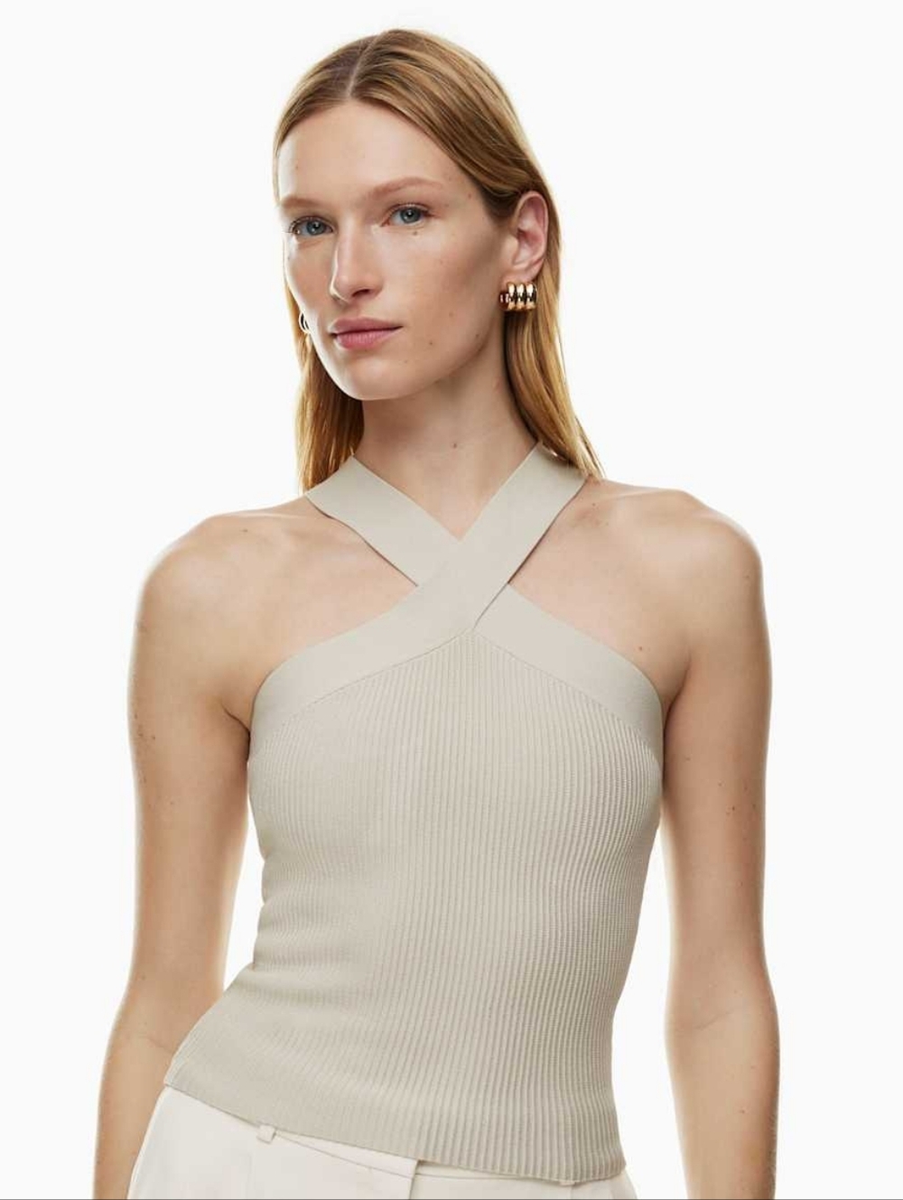 Babaton Aritzia Sculpt Knit Criss Cross Tank Top Matte Pearl Beige Small